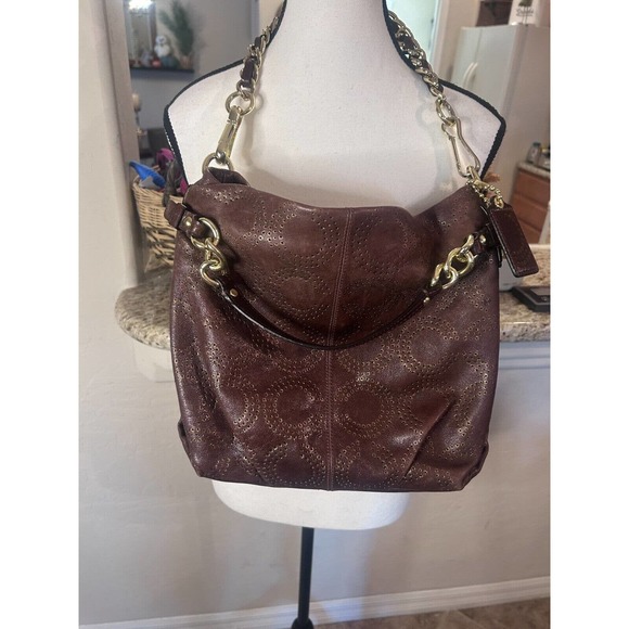 Coach Brooke Brown Perforated Leather Op Art Large Hobo Shoulder Bag 15003 - Picture 14 of 15